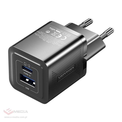 Ładowarka sieciowa, Vention, FEQB0-EU, USB-C, USB- A, 30W/30W, GaN (czarna)