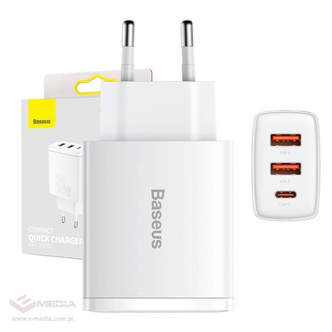 Ładowarka sieciowa Baseus Compact Quick Charger, 2xUSB, USB-C, PD, 3A, 30W (biała)