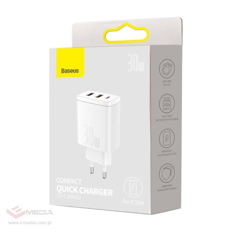 Ładowarka sieciowa Baseus Compact Quick Charger, 2xUSB, USB-C, PD, 3A, 30W (biała)