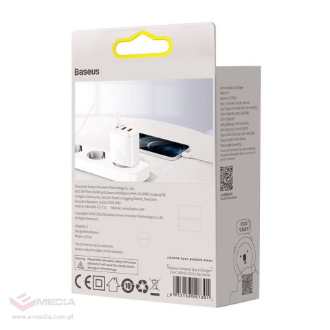 Ładowarka sieciowa Baseus Compact Quick Charger, 2xUSB, USB-C, PD, 3A, 30W (biała)