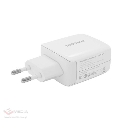 Ładowarka sieciowa 65W GaN Ricomm RC652 EU, 2xUSB-C + kabel USB-C 2.1m