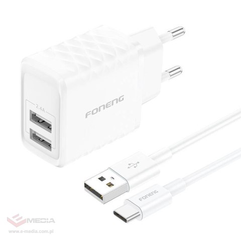 Ładowarka sieciowa Foneng EU53 20W 2xUSB-A, 2,4A (Biała) + kabel USB-C