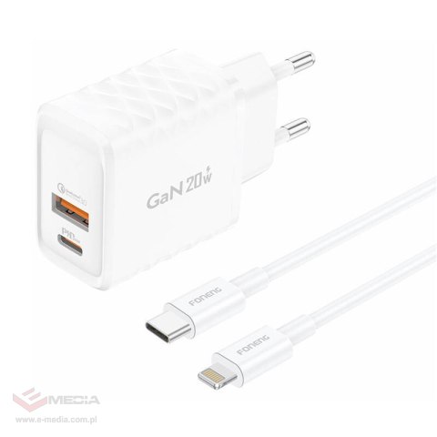 Ładowarka sieciowa Foneng EU56 1xUSB-A, 1xUSB-C, 20W (Biała) + kabel USB-A do Lightning