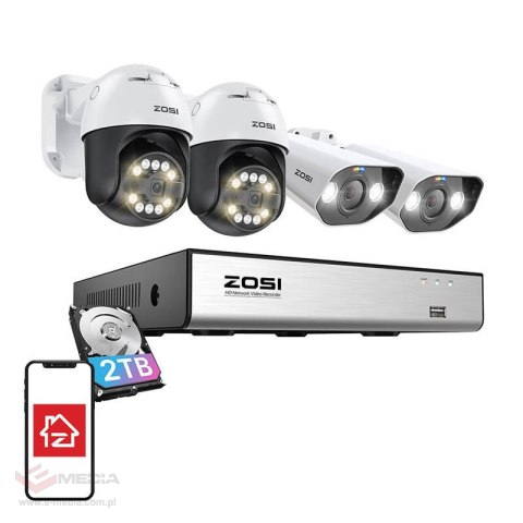 Zestaw czterech kamer IP ZOSI C296 WiFi 5MP (2 szt.) i C182 WiFi 8MP (2 szt.) + nagrywarka + dysk HDD 2TB