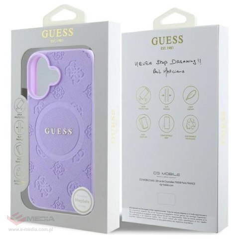 Etui Guess Saffiano Peony Classic Logo MagSafe na iPhone 16 - fioletowe