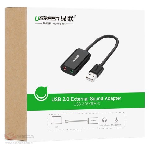 Ugreen zewnętrzna karta dźwiękowa muzyczna adapter USB - 3,5 mm mini jack 15cm czarny (30724)