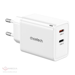 Ładowarka sieciowa Choetech PD6013, GaN, 2x USB-C, PD65W (biała)