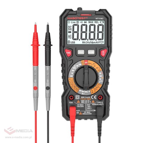 Multimetr cyfrowy z latarką Habotest HT118C, True RMS, NCV, testowanie akumulatorów