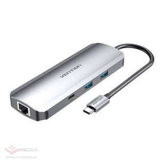 Stacja dokująca z USB-C do HDMI, USB-C, 2x USB3.0, RJ45, SD, TF, TRRS 3,5mm, PD 0,15m Vention TOMHB (szary)