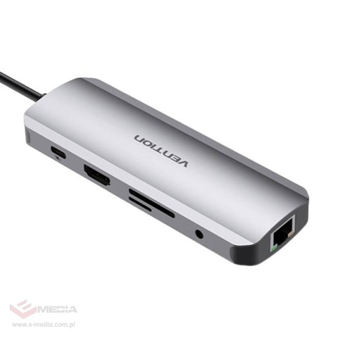 Stacja dokująca z USB-C do HDMI, USB-C, 2x USB3.0, RJ45, SD, TF, TRRS 3,5mm, PD 0,15m Vention TOMHB (szary)