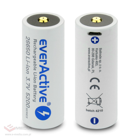 Akumulator everActive 26650 3,7V Li-ion 5200mAh micro USB z zabezpieczeniem BOX