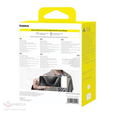 Powerbank Baseus Compact 5000mAh, 20W, USB-C (biały)