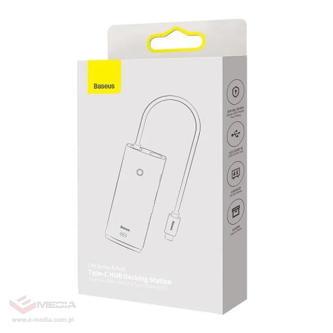 Hub 6w1 Baseus Lite Series, USB-C do 2x USB 3.0 + HDMI + USB-C + TF/SD (biały)