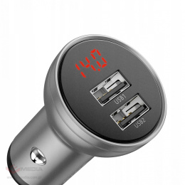 Ładowarka samochodowa Baseus z wyświetlaczem, 2x USB, 4,8A, 24W srebrna