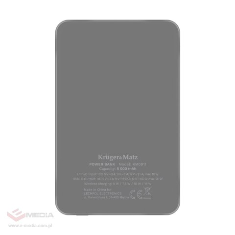 POWERBANK indukcyjny Kruger&Matz 5000 mAh Mag Safe szary
