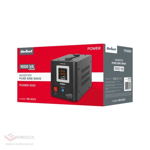Zasilacz Awaryjny Rebel POWER-1000 - przetwornica z czystym przebiegiem sinusoidalnym i funkcją ładowania 12V 230V 1000VA/700W