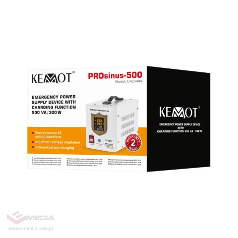 Zasilacz awaryjny KEMOT PROsinus-500 przetwornica z czystym przebiegiem sinusoidalnym i funkcją ładowania 12V 230V 500VA/300W