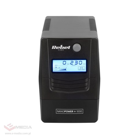 Zasilacz awaryjny komputerowy UPS REBEL model Nanopower Plus 1000 ( offline, 1000VA / 600W , 230 V , 50Hz , LCD , USB , RJ45 )