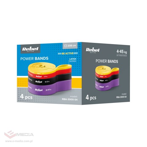 Zestaw gum do ćwiczeń lateksowy - Power Band PLs-2, 4-45 kg, 4 gumy, REBEL ACTIVE