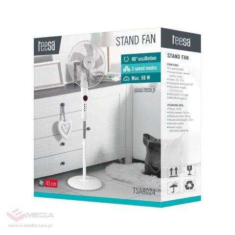 Wentylator stojący Teesa sterowany pilotem (biały)