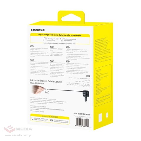 Ładowarka samochodowa Baseus Enjoyment Max z kablami USB-C+Lightning 60W Czarny