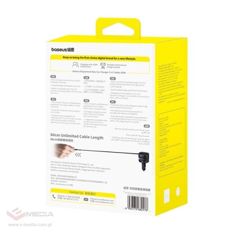 Ładowarka samochodowa Baseus Enjoyment Max z kablami USB-C+USB-C 60W Czarny