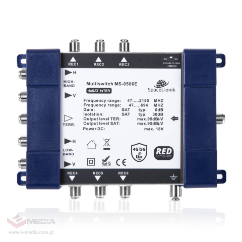 Multiswitch 5/6 końcowy Spacetronik E-Series MS-0506E z zasilaczem