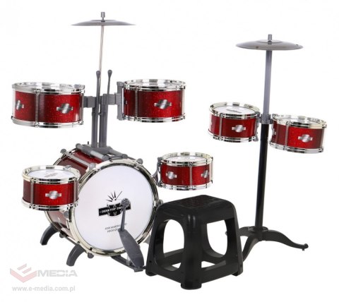 Czerwona 7-bębnowa Perkusja dla dzieci 5+ Stołek + 2 Talerze + 2 Pałeczki 12 el.