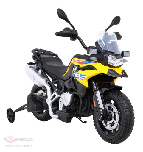 Motor BMW F850 GS na akumulator dla dzieci Żółty + Kółka pomocnicze + Audio LED + Wolny Start + EVA