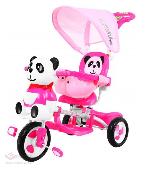 3-kołowy Rowerek dla dzieci Panda Różowy + Dźwięki + Daszek + Barierka + Podnóżek + Rączka + Schowek