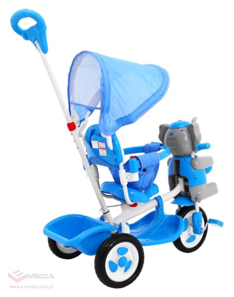 3-kołowy Rowerek dla dzieci Słonik Niebieski + Dźwięki + Daszek + Barierka + Podnóżek + Rączka + Schowek
