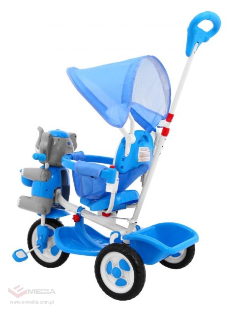 3-kołowy Rowerek dla dzieci Słonik Niebieski + Dźwięki + Daszek + Barierka + Podnóżek + Rączka + Schowek