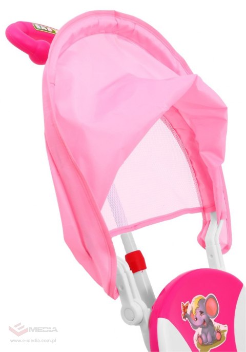 3-kołowy Rowerek dla dzieci Słonik Różowy + Dźwięki + Daszek + Barierka + Podnóżek + Rączka + Schowek