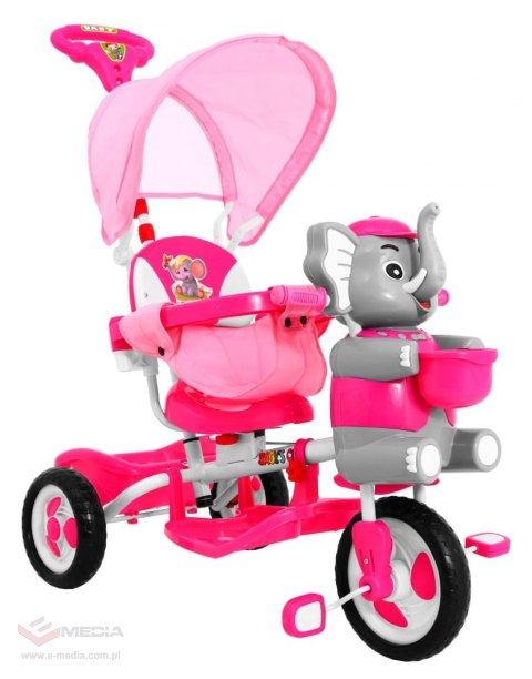 3-kołowy Rowerek dla dzieci Słonik Różowy + Dźwięki + Daszek + Barierka + Podnóżek + Rączka + Schowek