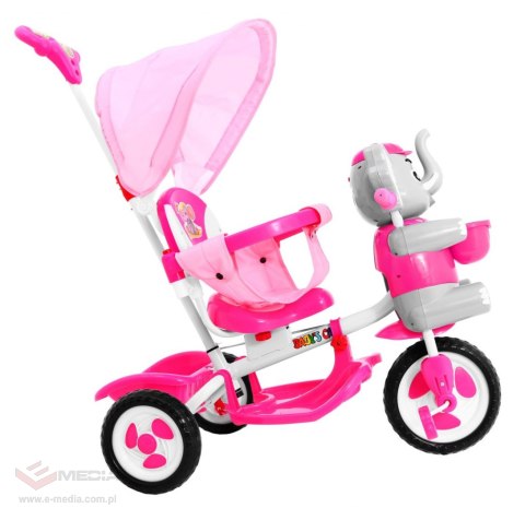 3-kołowy Rowerek dla dzieci Słonik Różowy + Dźwięki + Daszek + Barierka + Podnóżek + Rączka + Schowek
