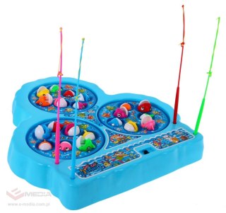 Gra zręcznościowa Łowienie Rybek dla dzieci 3+ niebieski + 21 kolorowych Rybek + 4 Wędki + Plansza z 3 jeziorkami