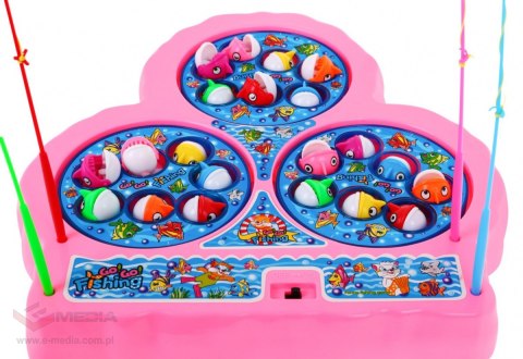 Gra zręcznościowa Łowienie Rybek dla dzieci 3+ różowy + 21 kolorowych Rybek + 4 Wędki + Plansza z 3 jeziorkami