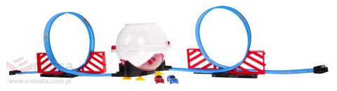 Dwupasmowy Tor Wyścigowy z Kulą dla dzieci 3+ Części konstrukcyjne 28 el. + 2 Autka + Napęd pull back