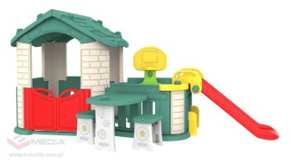 Duży Domek ogrodowy 5w1 dla dzieci + Zjeżdżalnia + Koszykówka + Ogródek + Stolik + 2 Krzesełka Zielony Dach