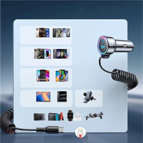 Ładowarka samochodowa 3w1 Joyroom JR-CL07 90W z kablem USB-C 1.6m - czarna