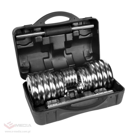 Hantle żeliwne chromowane regulowane w walizce z gryfem, zestaw 30kg REBEL ACTIVE