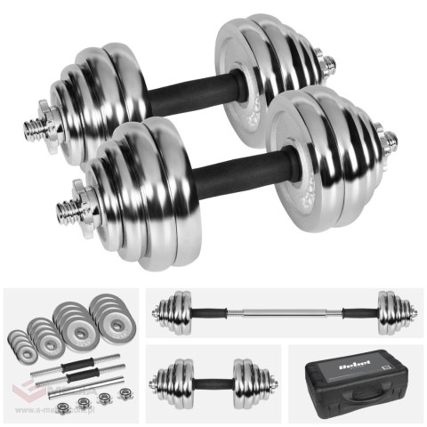 Hantle żeliwne chromowane regulowane w walizce z gryfem, zestaw 30kg REBEL ACTIVE