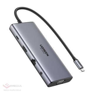 Hub USB-C Ugreen CM639, HDMI, VGA, 2x USB-C 3.2 10Gbps, 2x USB, SD/TF, RJ45, AUX 3.5mm, PD, 4K 60 Hz