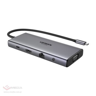 Hub USB-C Ugreen CM639, HDMI, VGA, 2x USB-C 3.2 10Gbps, 2x USB, SD/TF, RJ45, AUX 3.5mm, PD, 4K 60 Hz