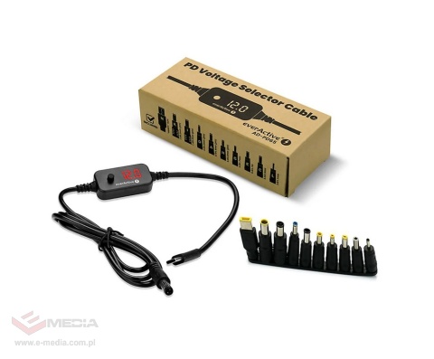 Uniwersalny zasilacz, selektor napięcia USB-C PD - DC 5V, 9V, 12V, 15V, 20V, 10 wtyków, everActive AD-PD65