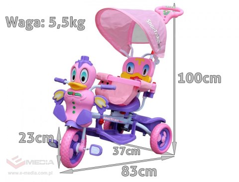 3-kołowy Rowerek dla dzieci Kaczka Fioletowy + Dźwięki + Daszek + Barierka + Podnóżek + Rączka + Schowek