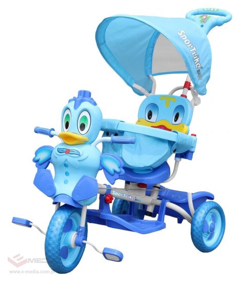 3-kołowy Rowerek dla dzieci Kaczka Niebieski + Dźwięki + Daszek + Barierka + Podnóżek + Rączka + Schowek