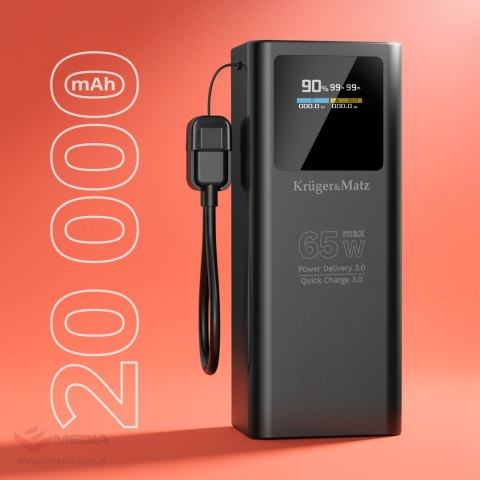 PowerBank Kruger&Matz 20000 mAh Li-ion 65W z funkcją QC oraz PD