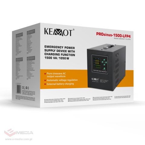 Zasilacz awaryjny KEMOT PROsinus-1500-LFP4 przetwornica z czystym przebiegiem sinusoidalnym i funkcją ładowania 12V 230V 1500VA/