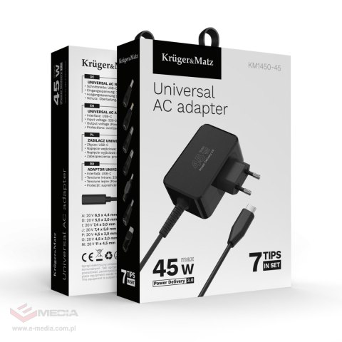 Zasilacz uniwersalny Kruger&Matz 45W z funkcją Power Delivery 7 końcówek